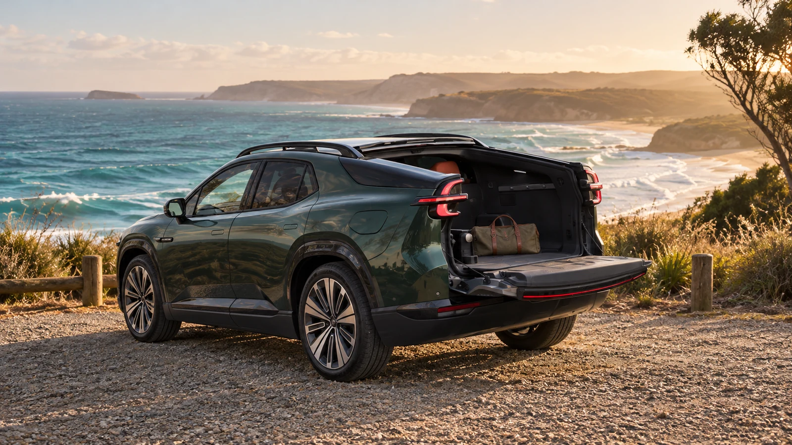 AI-Created Lifestyle Illustration Of A Deep-Green DEEPAL E07 With Its Rear Cargo Area Open At An Australian Coastal Lookout.