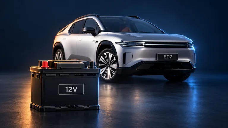 AI illustration of a silver DEEPAL E07 beside a generic 12V battery