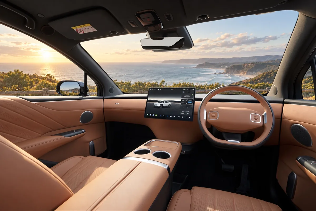 The E07 cabin with tan seats, steering wheel and centre display