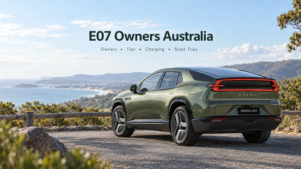 Centred E07 Owners Australia heading above the community owner’s green E07 overlooking the coast, regenerated with AI.