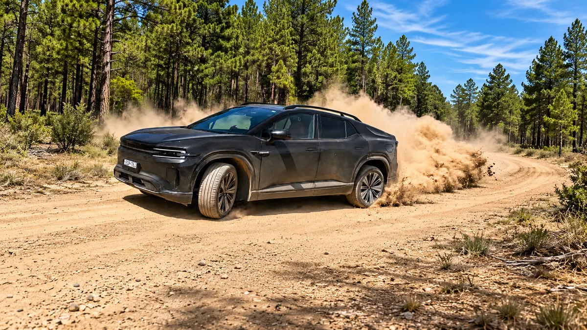 Dark DEEPAL E07 on a dusty road through a pine forest
