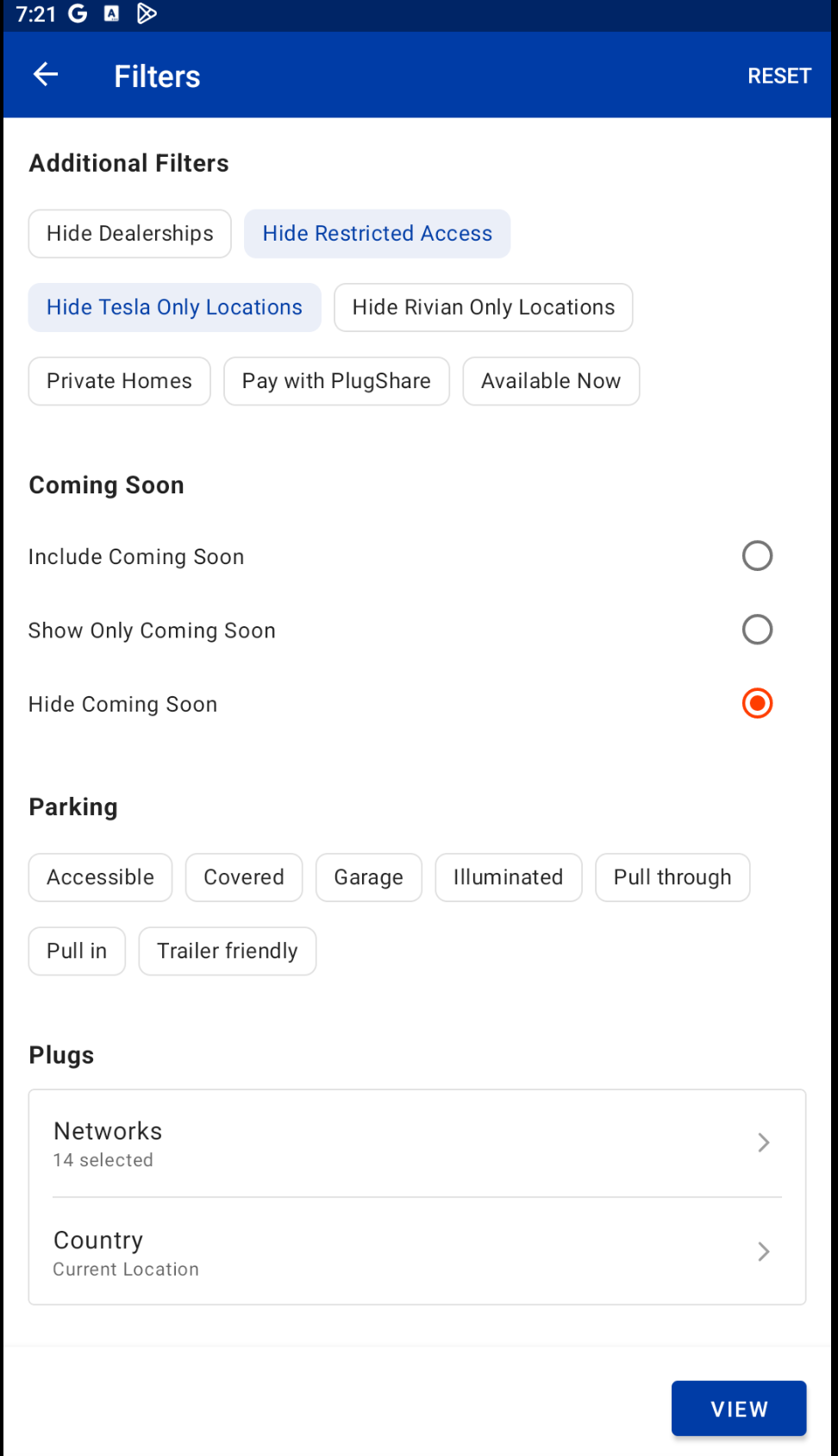 PlugShare Additional Filters with Hide Restricted Access, Hide Tesla Only Locations and Hide Coming Soon selected; Available Now is off.