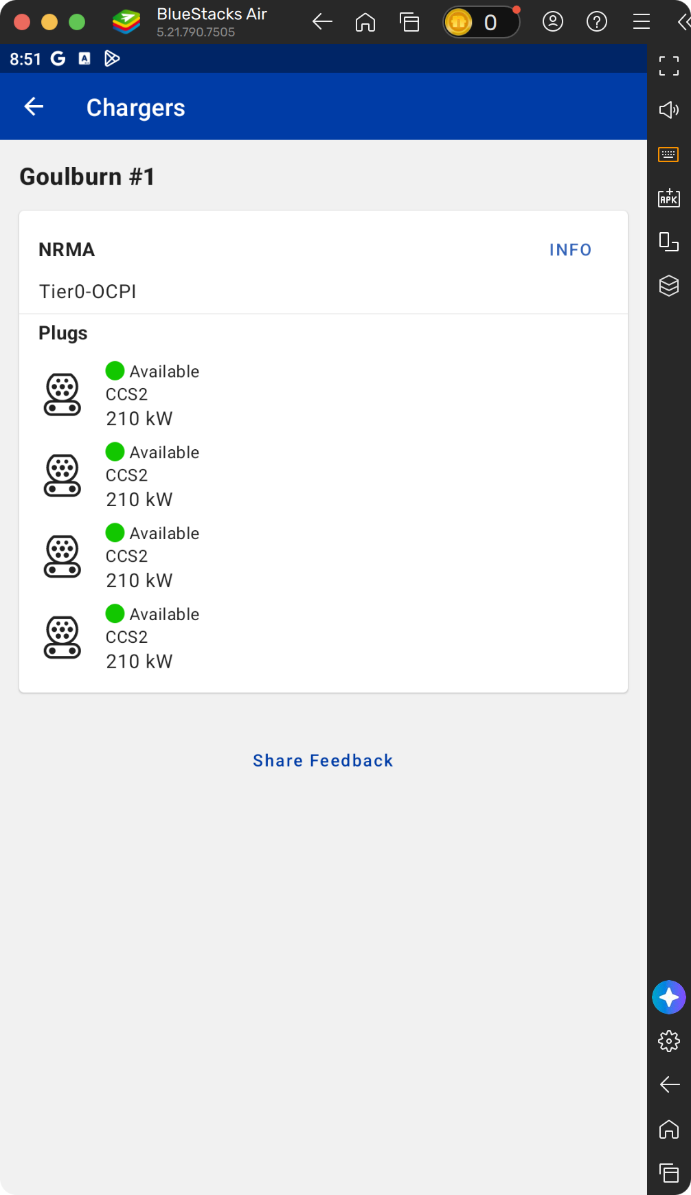 PlugShare Chargers screen for Goulburn number 1, showing an NRMA Info control and four CCS2 plugs listed at 210 kW and available.