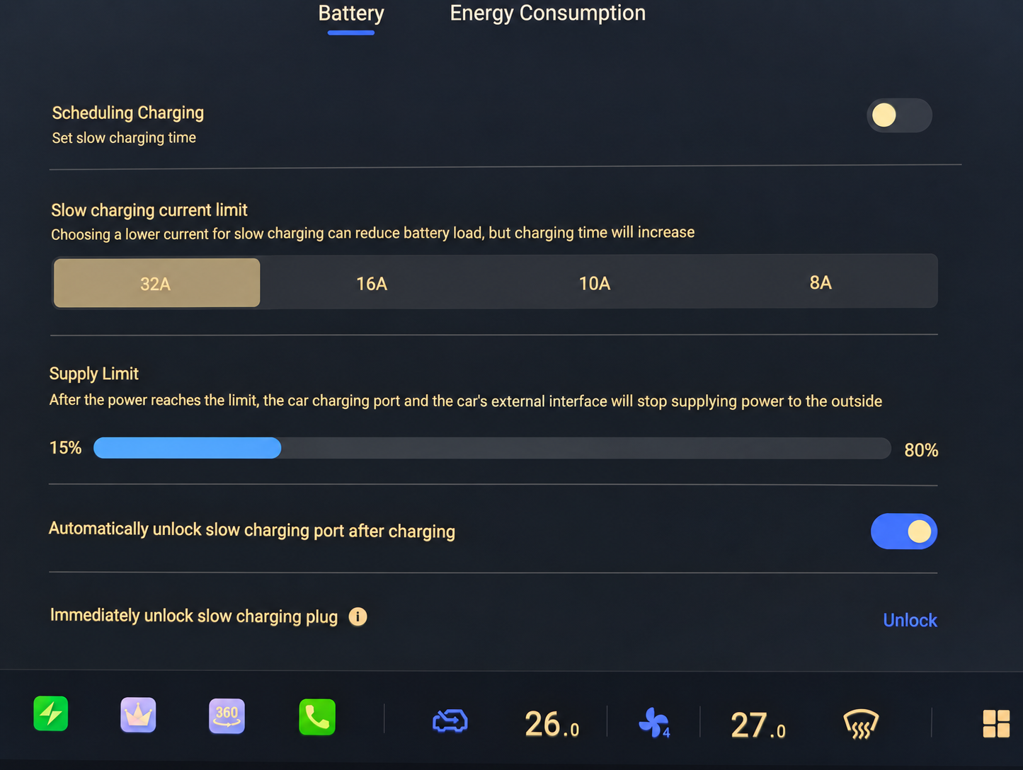 AI-enhanced E07 charging screen, cropped to Slow charging current limit. Gold outlines highlight 32 A, 16 A, 10 A and 8 A from left to right. The photographed example has 32 A selected.