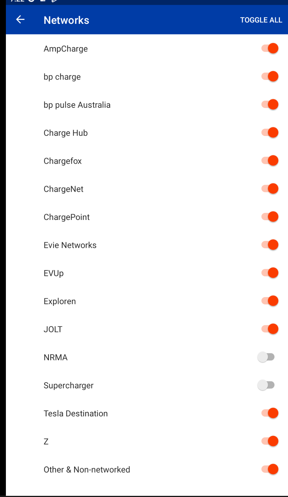 PlugShare network switches: NRMA off, Supercharger off and Tesla Destination on.
