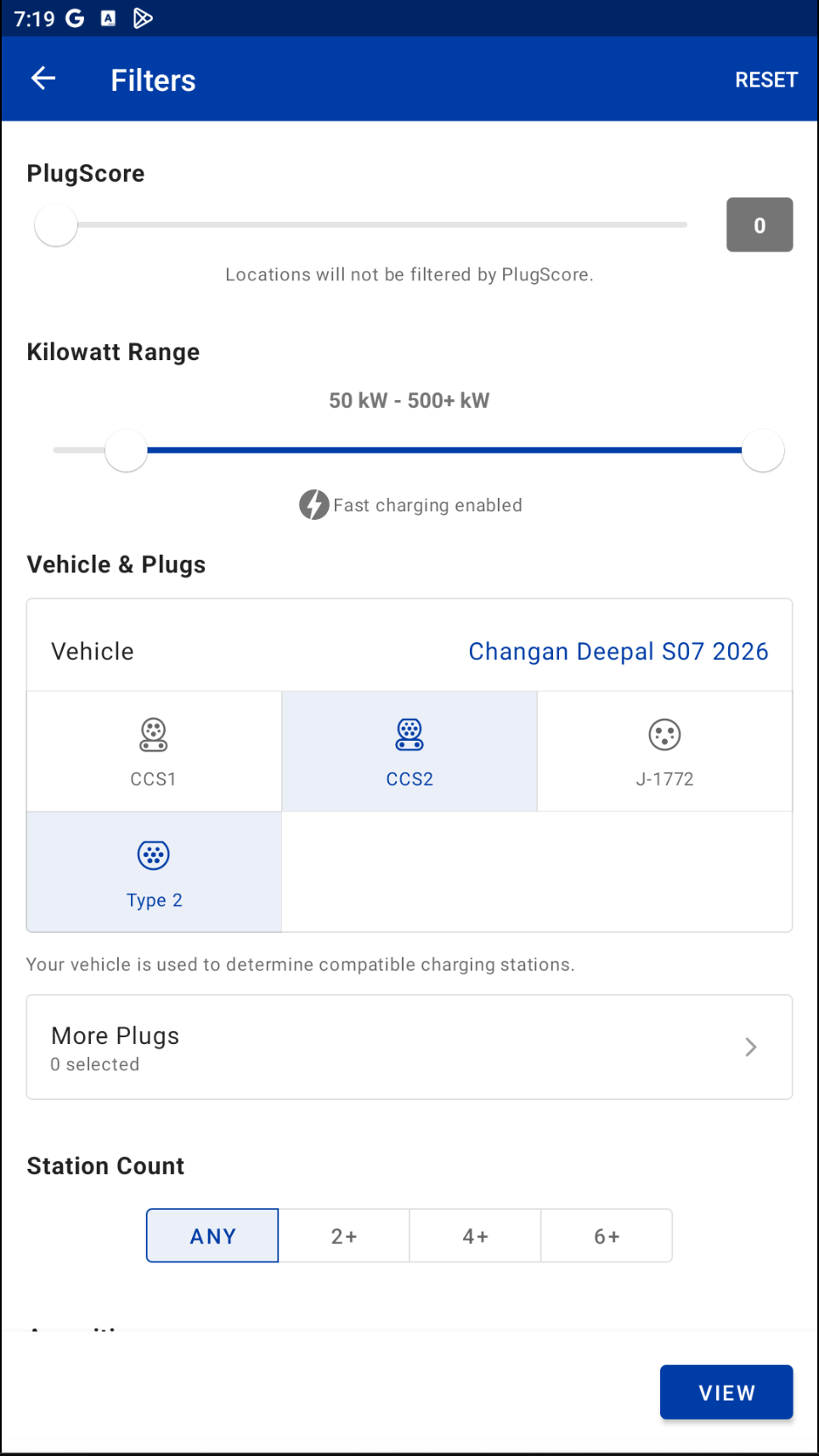PlugShare Kilowatt Range control set to 50 kW–500+ kW.