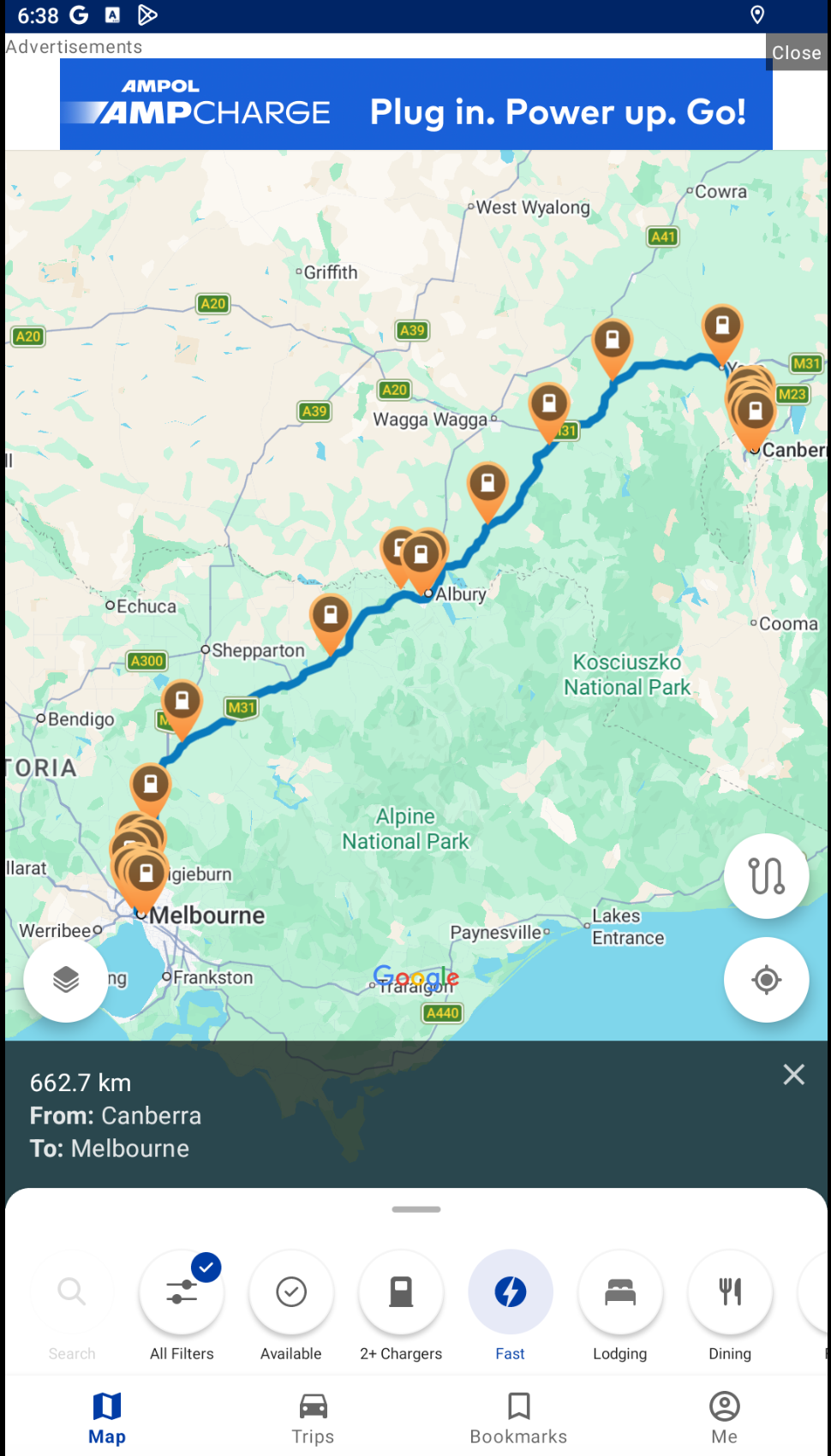 PlugShare route map from Canberra to Melbourne showing a 662.7 km route, charger pins, Fast selected and the All Filters button.