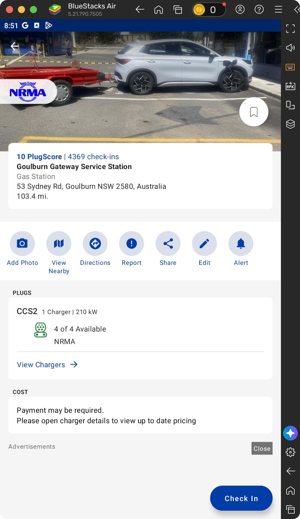 Goulburn Gateway Service Station in PlugShare, with Bookmark, station identity and address, Directions and View Chargers highlighted.