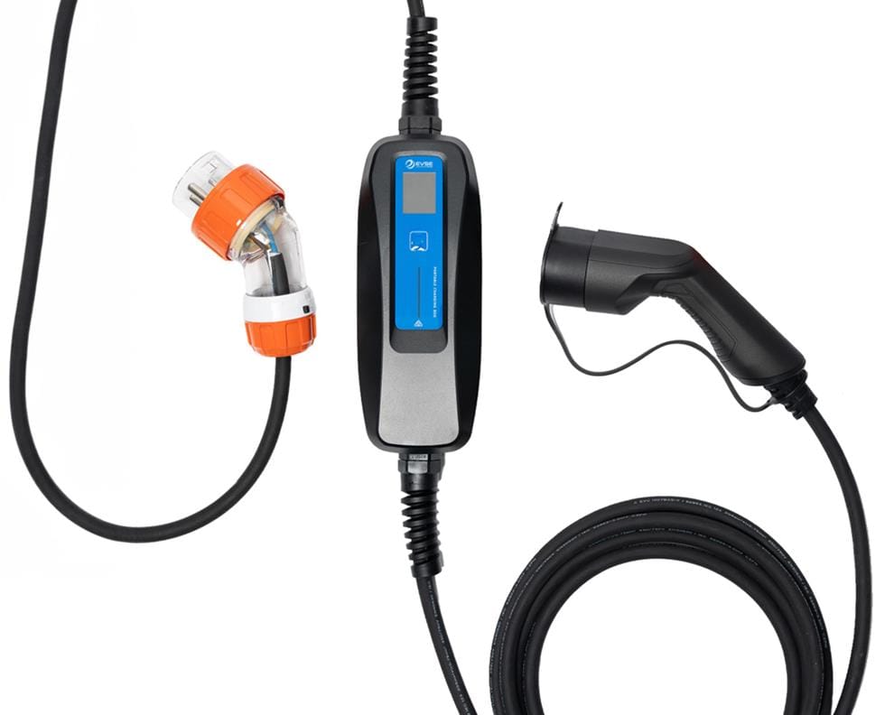 EVSE KWIK portable charger with display, Type 2 vehicle connector and orange industrial mains plug.