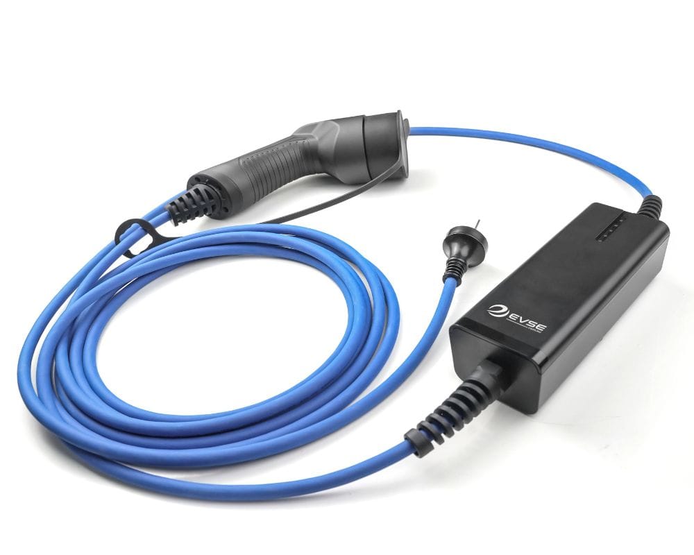EVSE Mini portable charger with blue cable, Type 2 vehicle connector and Australian 10 A mains plug.