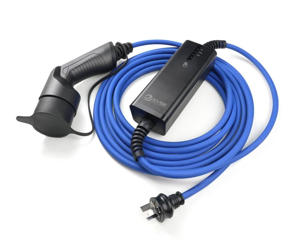 EVSE Mini portable charger with blue cable, Type 2 vehicle connector and Australian 15 A mains plug.