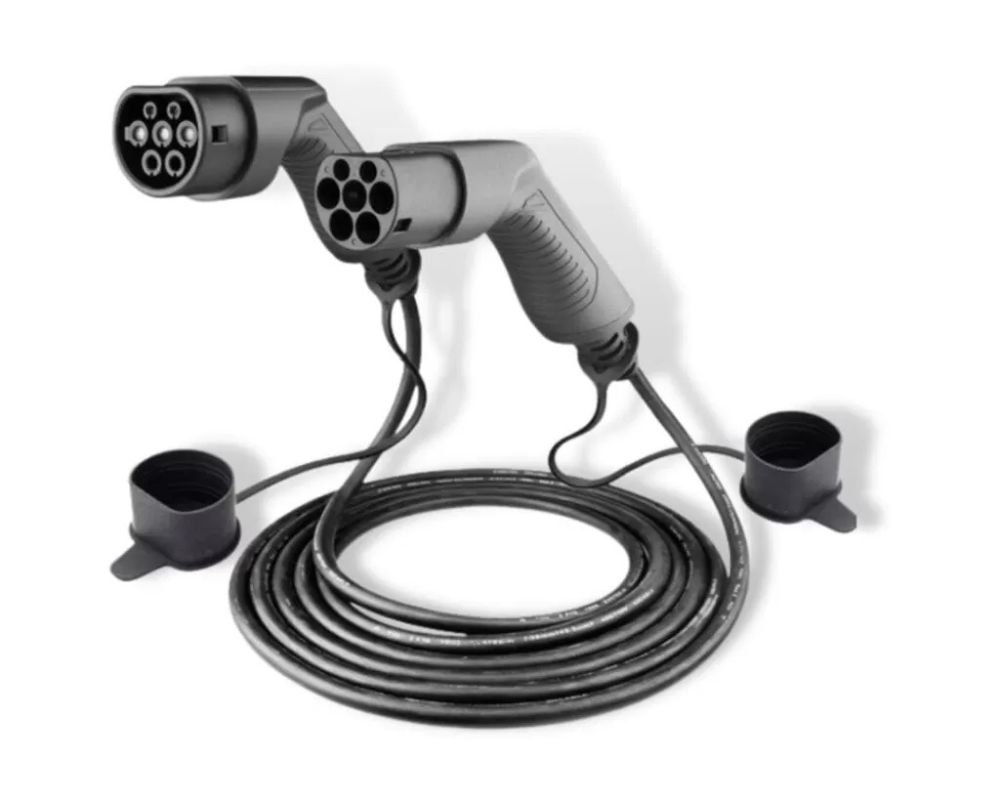 Type 2-to-Type 2 charging cable with a connector at each end, shown in an EVSE Australia product photo.