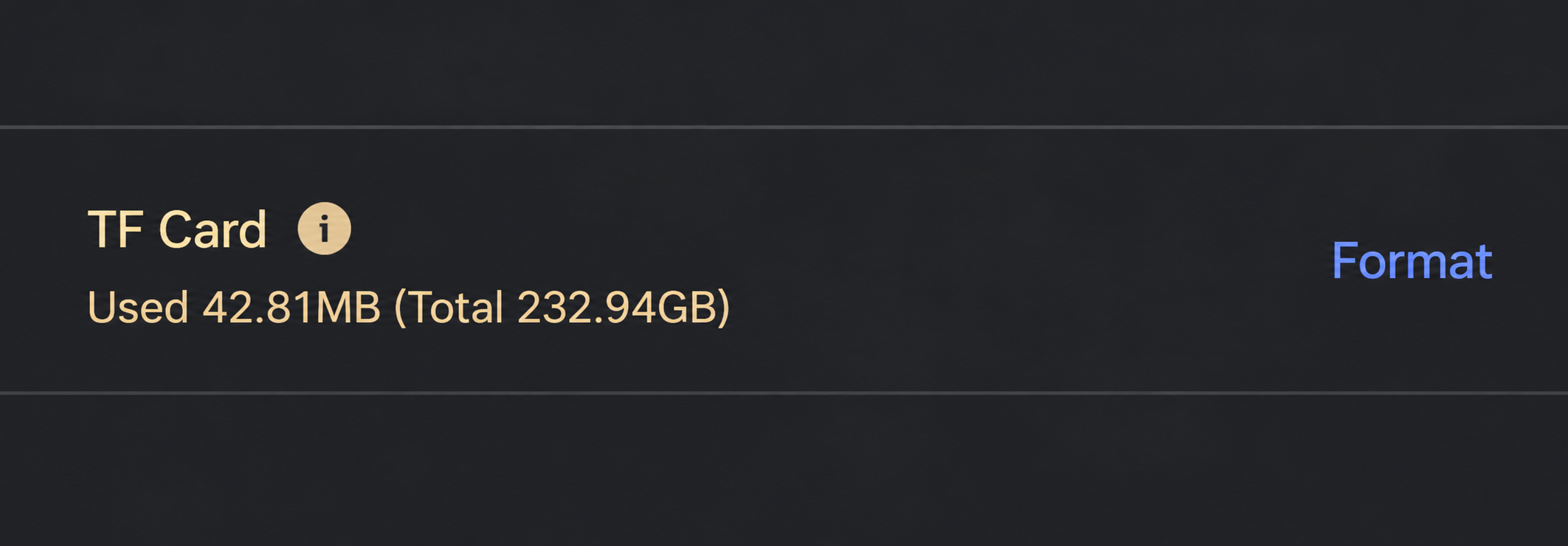 After replacement, the E07 System screen showed TF Card Used 42.81MB (Total 232.94GB).
