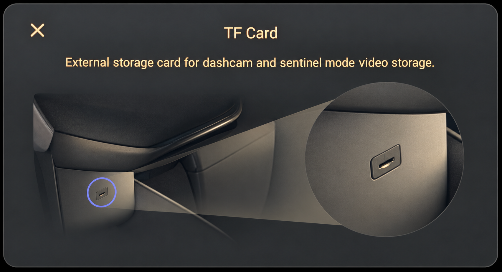 E07 TF Card information popup: External storage card for dashcam and sentinel mode video storage.